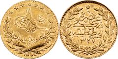 Gold Ottoman Empire, 25 Kurus 1327 (1914)Ottoman Empire, 25 Kurus 1327 (1914), 1,794 g, Au (917/1000), KM# 752|mint luster, min. toned, mintage only 72 872pcs, rare!; UNC Grade: UNC