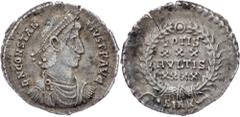 Ancient Constantius II., AR Siliqua 353-354, SirmiumConstantius II., AR Siliqua 353-354, Sirmium, 3,273 g, Ric 17, VOTIS / XXX / MVLTIS / XXXX / •SIRM - with dot, toned; VF Grade: VF