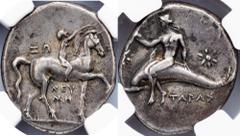 Ancient Calabria, Tarentum, Didrachm 281-240 BCAncient, Calabria, Tarentum, Didrachm 281-240 BC, Ag, HN Italy 1006, Vlasto 739-749, light graffito; NGC XF, Strike 5/5, Surface 3/5 Grade: NGC XF, Strik