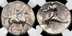 Ancient Taras, AR Didrachm 302-280 BCCategory: Ancient Country/Region: Calabria Ruler/Area: Taras Denomination: AR Didrachm Year: 302-280 BC Weight: 7,78 g Material: Silver NGC/PCGS: NGC Grade: Ch VF,