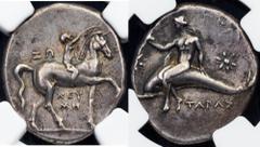 Ancient Taras, AR Didrachm 280-240 BCCategory: Ancient Country/Region: Calabria Ruler/Area: Taras Denomination: AR Didrachm Year: 280-240 BC Weight: 6,47 g Material: Silver NGC/PCGS: NGC Grade: XF, St