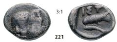 THE ISTROS COLLECTION – GreeK... Hemiobol (0,76g) Hemiobol (0,76g), circa 425/410-380/350 BC. Obv.: Two facing male heads, the right inverted / Rv.: IÓT, eagle standing left on dolphin, all within sha