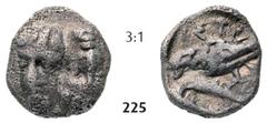 THE ISTROS COLLECTION – GreeK... Hemiobol (0,51g) Hemiobol (0,51g), circa 425/410-380/350 BC. Obv.: Two facing male heads, the right inverted / Rv.: IΣTP, eagle standing left on dolphin, all within sh
