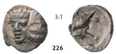 THE ISTROS COLLECTION – GreeK... Hemiobol (0,42g) Hemiobol (0,42g), circa 425/410-380/350 BC. Obv.: Two facing male heads, the right inverted / Rv.: IÓTPIH, eagle standing left on dolphin, all within 