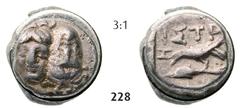 THE ISTROS COLLECTION – GreeK... Hemiobol (0,58g) Hemiobol (0,58g), circa 425/410-380/350 BC. Obv.: Two facing male heads, the right inverted / Rv.: IΣTP[…], eagle standing left on dolphin, I in left 