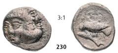 THE ISTROS COLLECTION – GreeK... Hemiobol (0,55g) Hemiobol (0,55g), circa 425/410-380/350 BC. Obv.: Two facing male heads, the right inverted / Rv.: IΣT[...], eagle standing left on dolphin. AMNG I/1 