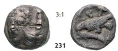 THE ISTROS COLLECTION – GreeK... Hemiobol (0,53g) Hemiobol (0,53g), circa 425/410-380/350 BC. Obv.: Two facing male heads, the right inverted/ Rv.: IΣT, eagle standing left on dolphin. AMNG I/1 165,45