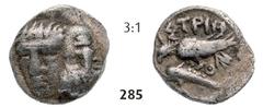 THE ISTROS COLLECTION – GreeK... Hemiobol (0,42g) Hemiobol (0,42g), circa 380/350-330/280 BC. Obv.: Two facing male heads, the right inverted / Rv.: IΣTPIH, eagle standing left on dolphin, Θ in right 