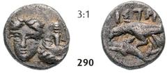 THE ISTROS COLLECTION – GreeK... Hemiobol (0,47g) Hemiobol (0,47g), circa 380/350-330/280 BC. Obv.: Two facing male heads, the right inverted / Rv.: IΣTPIH, eagle standing left on dolphin, Y in right 