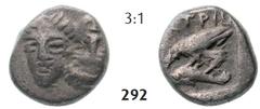 THE ISTROS COLLECTION – GreeK... Hemiobol (0,53g) Hemiobol (0,53g), circa 380/350-330/280 BC. Obv.: Two facing male heads, the right inverted / Rv.: IΣTPIH, eagle standing left on dolphin, X (?) in ri