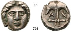 GREEK COINS Apollonia Pontica. Diobol (1,21g) 400-350. Av Apollonia Pontica. Diobol (1,21g) 400-350. Av. Laureate head of Apollo facing / Rv. Anchor; A to l.; crayfish to r. BMC (Mysia) 9, 15. EF