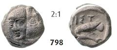 ISTROS Hemiobol (0,59g), 380-280, 1st Series Hemiobol (0,59g), 380-280, 1st Series. Av. Two young male heads facing side-by-side, the left one inverted / Rv. IΣT Sea-eagle left, grasping dolphin with 