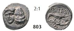ISTROS Hemiobol (0,52g), 380-280 Hemiobol (0,52g), 380-280. Av. Two young male heads facing side-by-side, the left one inverted / Rv. IΣTPIH Sea-eagle left, grasping dolphin with talons, [?] below. Re
