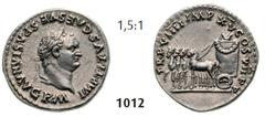 ROMAN IMPERIAL COINAGE -... Titus 79-81 Denarius (3,34g), 79 A.D. Av. IMP TITVS CAES VESPASIAN AVG P M Laureate head of Titus right / Rv. TR P VIIII IMP XV COS VII P P Slow quadriga left with round ba