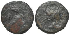 Greek Sicily, Akragas, c. 415-406 BC. Æ Onkia (17mm, 3.61g, 11h). Eagle standing r. with head reverted, on a fish; cicada to l. R/ Crab; conch below; pellet between crab's claws. Westermark, Coinage, 