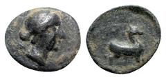 Greek Lycia, Bubon, c. 2nd-1st century BC. Æ (11mm, 1.62g, 7h). Bust of Artemis r., bow and quiver over shoulder. R/ BOY, Stag standing r. SNG von Aulock 4286 var (denomination); BMC -. Rare, green pa