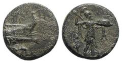 Greek Lycia, Phaselis, c. 221/0-190 BC. Æ (14.5mm, 4.52g, 12h). Prow of galley r.; below, dolphin r. R/ Athena standing r., wielding thunderbolt and shield. SNG Copenhagen -; SNG von Aulock -; BMC -. 