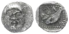 Greek Lesbos, Methymna AR Hemiobol or Tetartemorion, 0.23 g 6.10 mm. Circa 500/480-460 BC. Obv: Facing head of Silenos Rev: Cock standing to right, MAΘ around, within dotted square border; all within 