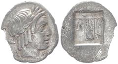 Greek Lycia, Lycian League. Kragos. AR Hemidrachm, 1.49 g 16.01 mm. Circa 30-27 BC. Obv: Λ Υ,Laureate head of Apollo right. Rev: K – P, Lyre; star to left; all within rectangular incuse. Ref: RPC I 33