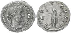 Roman Imperial Maximinus Thrax, 235-238 AD. AR, Denarius. 3.32 g. 19.73 mm. Rome. Obv: IMP MAXIMINVS PIVS AVG. Bust of Maximinus I, laureate, draped, cuirassed, right. Rev: PAX AVGVSTI. Pax, draped, s