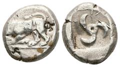 Greek Dynasts of Lycia, Uncertain dynast. AR Stater. 8.77 g 19.79 mm. Circa 480/70-430 BC. Obv: Lion left, devouring leg of bull Rev: Triskeles; K in field; all within incuse square. Ref: Müseler IV, 