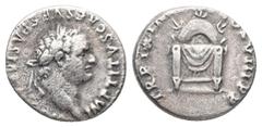 Roman Imperial Titus, 79-81 AD. AR, Denarius. 3.19 g. 16.80 mm. Rome. Obv: IMP TITVS CAES VESPASIAN AVG P M. Head of Titus, laureate, right. Rev: TR P IX IMP XV COS VIII P P. Square seat draped, three