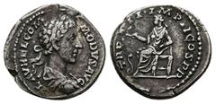 Roman Imperial Commodus, 177-192 AD. AR, Denarius. 3.31 g. 19.46 mm. Rome. Obv: L AVREL COMMODVS AVG. Bust of Commodus, laureate, draped, cuirassed, right. Rev: TR P III IMP II COS P P. Salus, draped,