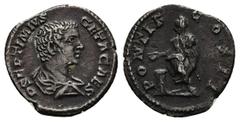 Roman Imperial Geta as Caesar, 198-209 AD. AR, Quinarius. 1.66 g. 19.24 mm. Rome. Obv: P SEPTIMIVS GETA CAES. Bust of Geta, bare-headed, bearded, draped, right. Rev: PONTIF COS II. Geta, veiled, togat