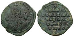 Byzantine Basil I, Leo VI and Constantine VII, 867-886 AD. AE, Follis. 7.68 g. 25.81 mm. Constantinople. Obv: [+ LЄOҺ bASIL COҺ]ST AЧGG. Basil I, crowned, with short beard, wearing loros, holding akak
