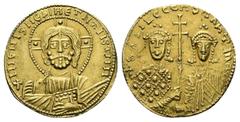 Byzantine Basil II Bulgaroktonos, Constantine VII, 976-1025 AD. AV, Histamenon Nomisma. 4.33 g. 21.39 mm. Constantinople. Obv: Bust of Christ facing with nimbus cross having one dot in each limb of th