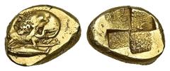 Greek Mysia, Kyzikos. EL Hekte, 2.65 g 12.65 mm. (Circa 360-330 BC). Obv: Lion attacking stag kneeling left; below, tunny left. Rev: Quadripartite incuse square. Ref: Gulbenkian II, 70, 653 var (state