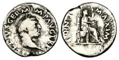 Roman Imperial Vitellius, AD 69. AR, Denarius. 3.03 g. 18.14 mm. Rome. Obv: A VITELLIVS GERM IMP AVG TR P. Head of Vitellius, laureate, right. Rev: PONT MAXIM. Vesta, veiled and draped, seated right o