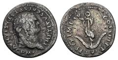 Roman Imperial Titus, AD 79-81. AR, Denarius. 2.51 g. 19.25 mm. Rome. Obv: IMP TITVS CAES VESPASIAN AVG P M. Head of Titus, laureate, right. Rev: TR P IX IMP XV COS VIII P P. Dolphin coiled around anc