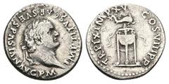 Roman Imperial Titus, AD 79-81. AR, Denarius. 2.86 g. 18.48 mm. Rome. Obv: IMP TITVS CAES VESPASIAN AVG P M. Head of Titus, laureate, right. Rev: TR P IX IMP XV COS VIII P P. Tripod with fillets; dolp