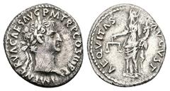 Roman Imperial Nerva, AD 96-98. AR, Denarius. 3.00 g. 18.53 mm. Rome. Obv: IMP NERVA CAES AVG P M TR P COS III P P. Head of Nerva, laureate, right. Rev: AEQVITAS AVGVST. Aequitas, draped, standing lef