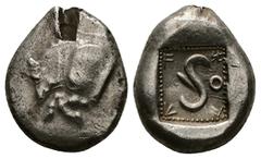 Greek Dynasts of lycia, Uteves. AR Stater, 8.54 g 21.41 mm. Circa 480 BC. Obv: Protome of boar left. Rev. Diskeles within dotted bordered incuse square. Ref.: Traitépl. 93, 13; Falghera 403; SNG Copen