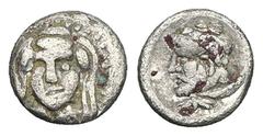 Greek Cilicia, Uncertain mint. AR Hemiobol, 0.33 g 7.29 mm. 4th century BC. Obv: Veiled and draped bust of female facing slightly to left, wearing earrings and necklace Rev: Bearded head of Herakles t