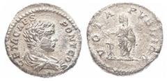 Roman Imperial Geta as Caesar, AD 198-209. AR, Denarius. 2.60 g. 17.78 mm. Obv: GETA CAES PONT COS. Bust of Geta, bare-headed, draped, right. Rev: VOTA PVBLICA. Geta, veiled, togate, standing left, sa