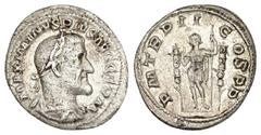 Roman Imperial Maximinus I, AD 235-238. AR, Denarius. 2.91 g. 20.32 mm. Rome. Obv: IMP MAXIMINVS PIVS AVG. Bust of Maximinus I, laureate, draped, cuirassed, right. Rev: P M TR P P P. Maximinus Thrax, 