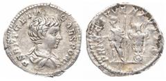 Roman Imperial Geta as Caesar, AD 198-209. AR, Denarius. 3.37 g. 19.20 mm. Rome. Obv: P SEPT GETA CAES PONT. Bust of Geta, bare-headed, draped, right. Rev: PRINC IVVENTVTIS. Geta, in military attire, 