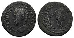 Roman Provincial Galatia, Pessinus. Caracalla, AD 198-217. AE. 6.61 g. 23.90 mm. Obv: ANTΩNINOC AYΓOYCTOC. Laureate head left. Rev: ΠECCINOYNTIΩN. Men, wearing Phrygian cap, standing left, crescent be