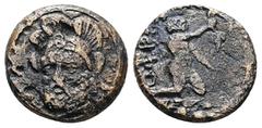 Greek Troas, Ophrynion. Ae Tetrachalkon, 5.79 g 18.75 mm. Circa 350-300 BC. Obv: Bearded, head of Hector facing, turned slightly to the left, wearing triple crested helmet. Rev: ΟΦΡΥ The infant Dionys