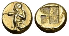 Greek Mysia, Kyzikos. EL Hekte, 2.62 g. 10.72 mm. Circa 400–380 BC. Obv: Silenos? (or a slave), nude and bearded, crouching over tunny, facing, head left; right leg drawn to chest, left bent; resting 