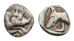 Greek Dynasts of lycia. Uncertain. AR Hemiobol, 0.29 g 6.75 mm. Circa 480/70-430 BC. Obv: Forepart of boar right. Rev.: Head and neck of dog in incuse square. Ref.: SNG Copenhagen Supp. -; Traité II 1