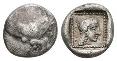 Greek Dynasts of Caria, Orou. Local Dynast, AR Quarter Stater, 2.75 g 14.02 mm. Circa 450-400 BC. Obv: Forepart of winged, man-headed bull right. Rev: OF OV. Head of female (Aphrodite?) right in dotte