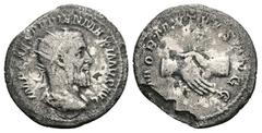 Roman Imperial Pupienus, AD 238. AR, Antoninianus. 3.18 g. 22.88 mm. Rome. Obv: IMP CAES CLOD PVPIEN MAXIMVS AVG. Bust of Pupienus, radiate, draped, cuirassed, right. Rev: AMOR MVTVVS AVGG. Clasped ri