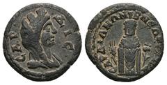 Roman Provincial Lydia, Sardis. Pseudo-autonomous, AD 218-222. AE. 4.51 g. 21.00 mm. Obv: CAΡΔIC. Veiled and turreted bust of Tyche right. Rev: CAΡΔIANΩN B NEΩKOΡΩN. Cult image of Kore facing, closely
