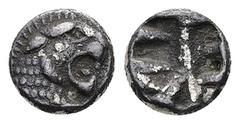 Greek Persia, Achaemenid Empire. AR 1/12 Stater, 1.29 g 8.95 mm. Time of Kyros - Darios I, in the types of Kroisos. Sardes, circa 550-520 BC. Obv: Head of roaring lion to right Rev: Irregular incuse p
