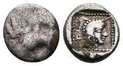 Greek Dynasts of Caria, Orou. Local Dynast, AR Quarter Stater, 2.75 g 14.09 mm. Circa 450-400 BC. Obv: Forepart of winged, man-headed bull right. Rev: OF OV. Head of female (Aphrodite?) right in dotte