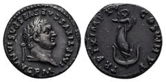 Roman Imperial Titus, AD 79-81. AR, Denarius. 3.11 g. 17.83 mm. Rome. Obv: IMP TITVS CAES VESPASIAN AVG P M. Head of Titus, laureate, right. Rev: TR P IX IMP XV COS VIII P P. Dolphin coiled around anc